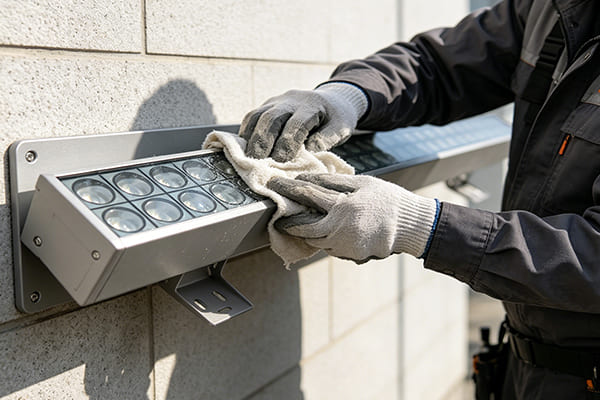 Close-up of a technician cleaning an outdoor wall washer light